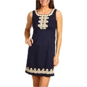 Lilly Pulitzer Adelson Jacquard True Navy 100% Cotton Gold Details Shift Dress 2